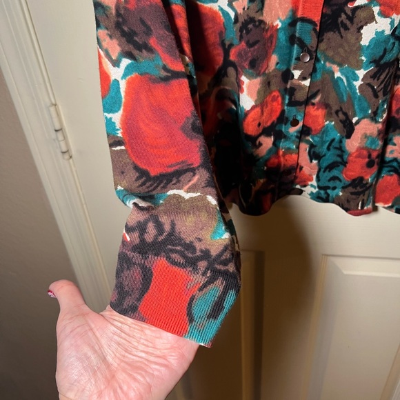 Talbots Floral Cardigan Size XL Cotton Blend Button Front Sweater Teal Rust - Picture 5 of 10